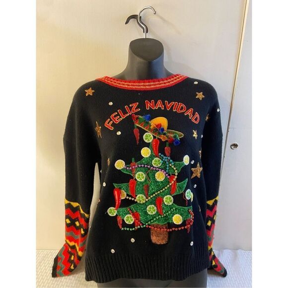 Holiday Time Felix Navidad ugly 3D Christmas sweater medium 3D Flare Sleeves Tre - Picture 1 of 10